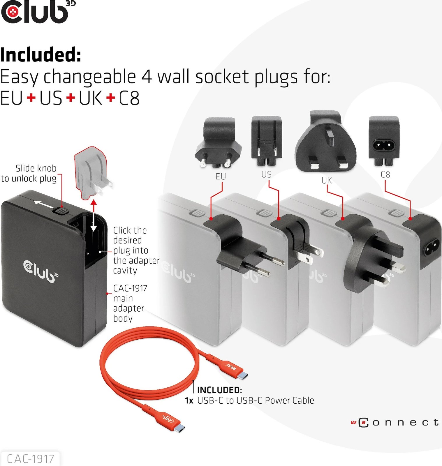 Karikues universal Club3D CAC-1917, 3x USB-C, 1x USB-A, 140W, GaN, i zi