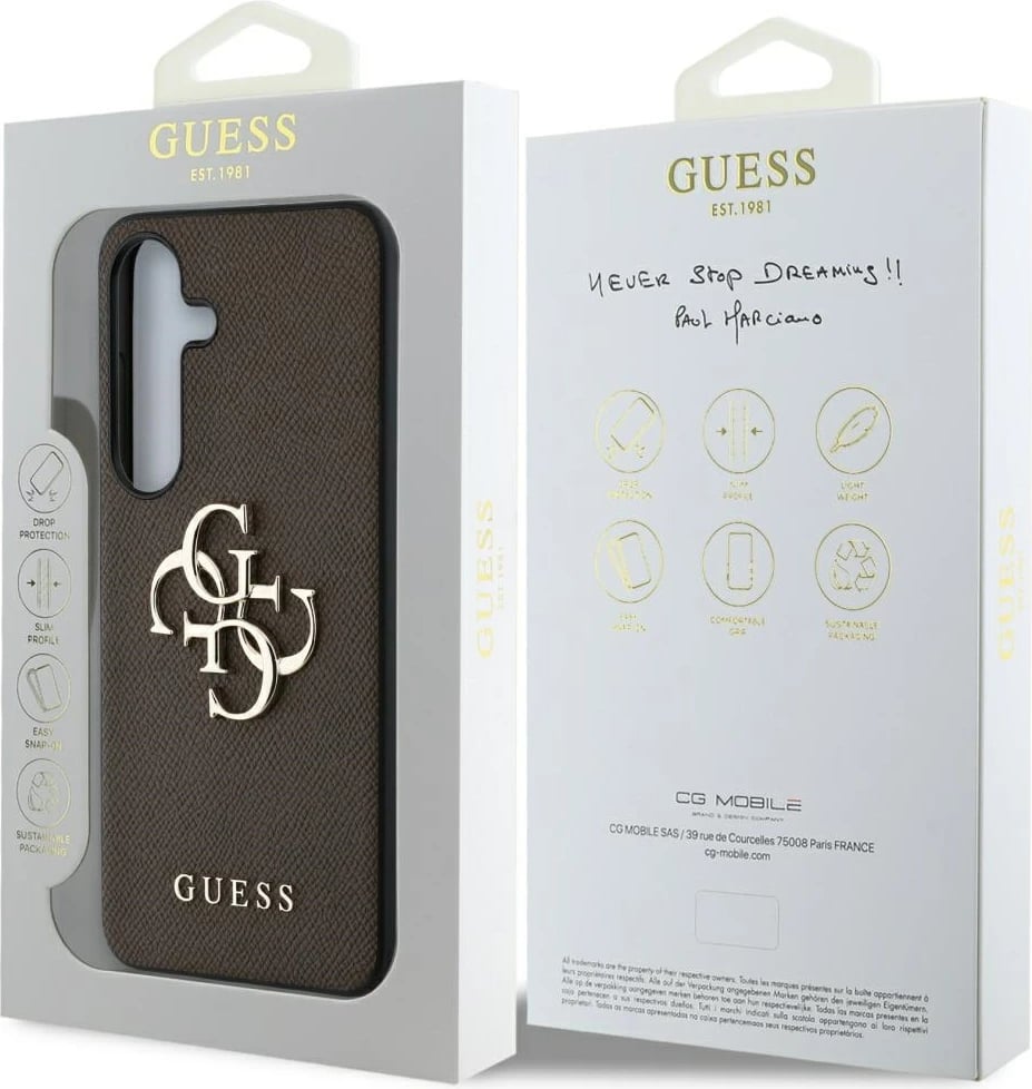 Mbështjellës Guess Grained Big 4G Logo Small Classic Logo për Samsung Galaxy S25, Kafe
