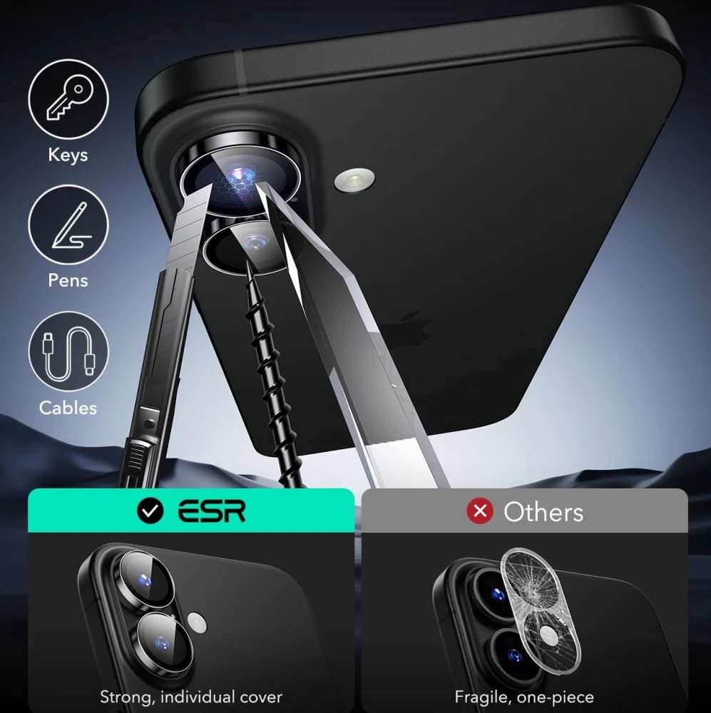 Mbështjellës xhami për kamerë ESR Armorite për iPhone 16 / 16 Plus, Zi