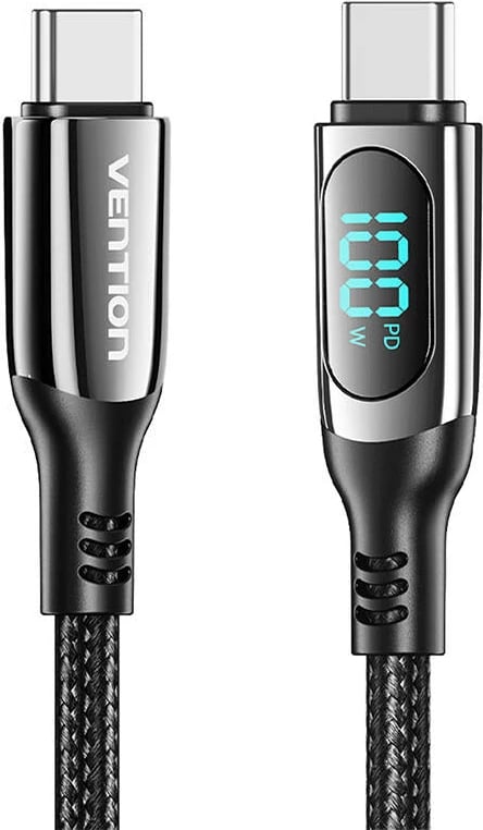 Kabllo USB-C në USB-C Vention TAYBAV, 1.2m, 100W, me ekran LED, e zezë