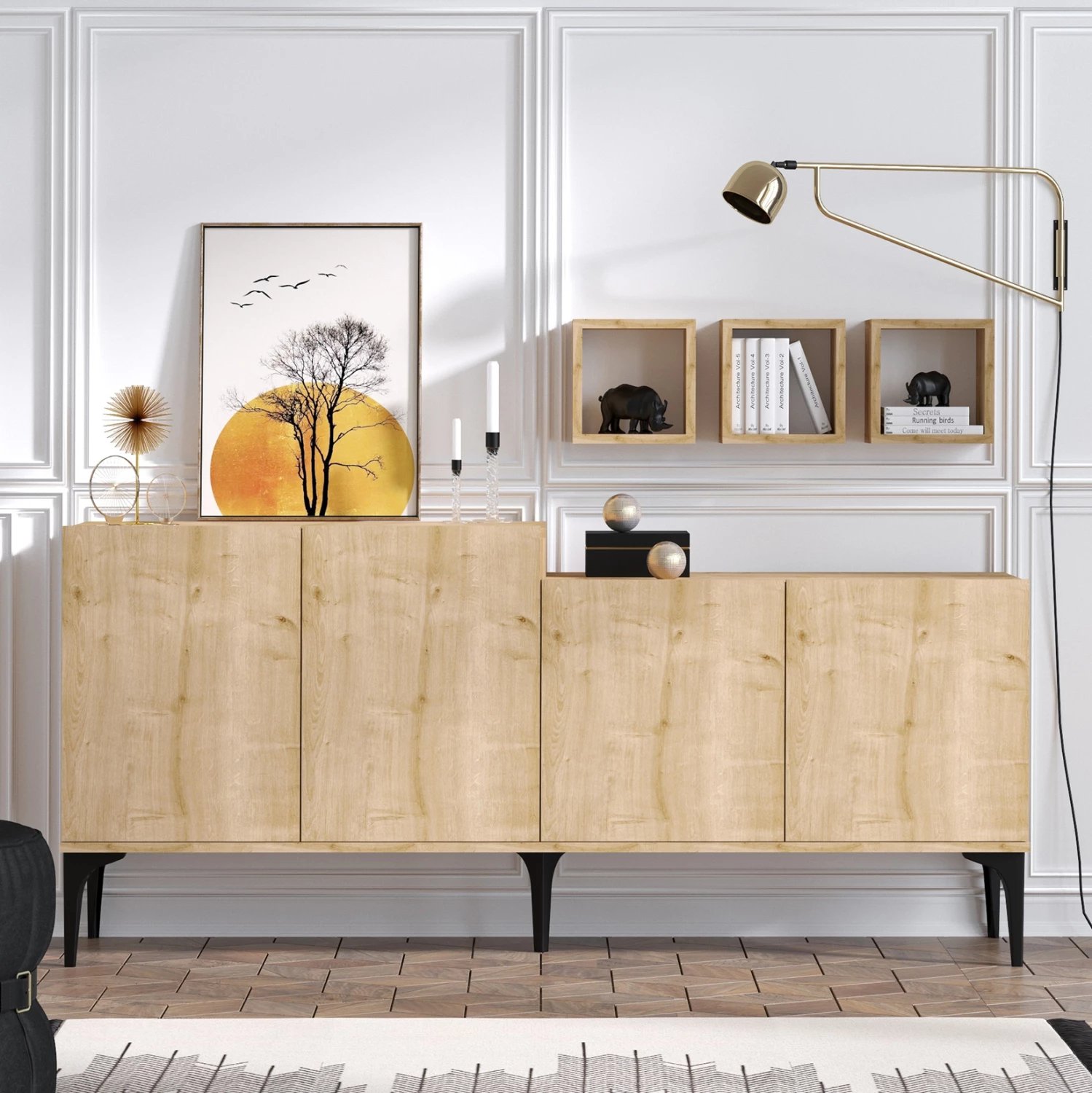 Bufe dhe 3 rafte muri melamine ngjyrë natyrale 180x40x85Hcm.FH9430.01