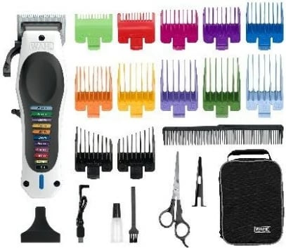 Makinë rroje flokësh Wahl 3028048, me bateri Lithium-Ion, set me shumë krehra, Bardhë/Zi