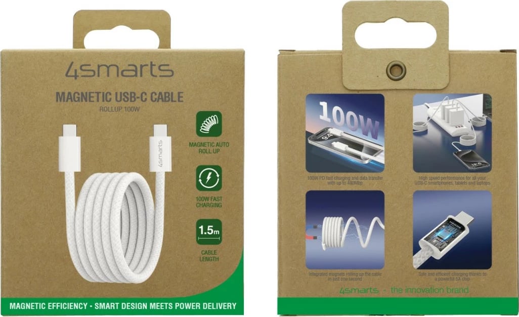 Kabëll USB C 4smarts 1.5m, 100W, magnetik, i bardhë