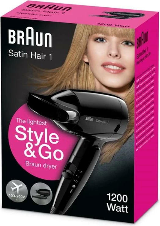 Tharëse flokësh, Braun, Satin Hair 1 HD130 Travel (BRHD130E), kompakte për udhëtim, e zezë/kafe