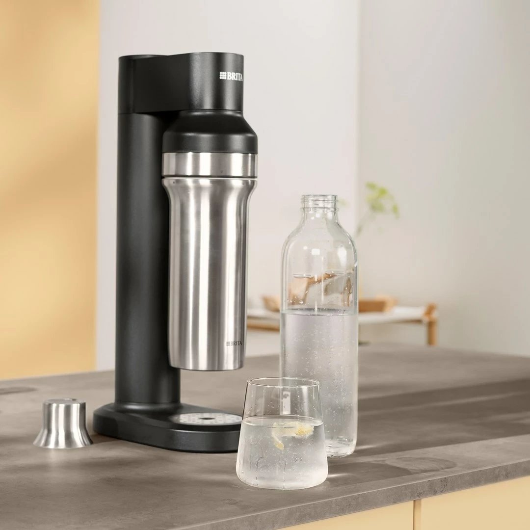 Shishe karbonizuese BRITA sodaTRIO, 1 L, Qelq, 2 copë, Argjendtë