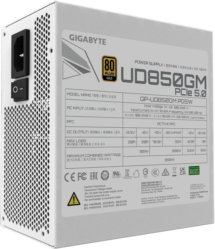 Kasë energjie Gigabyte GP-UD850GM PG5W, 850W, 80 PLUS Gold, modulare, Bardhë
