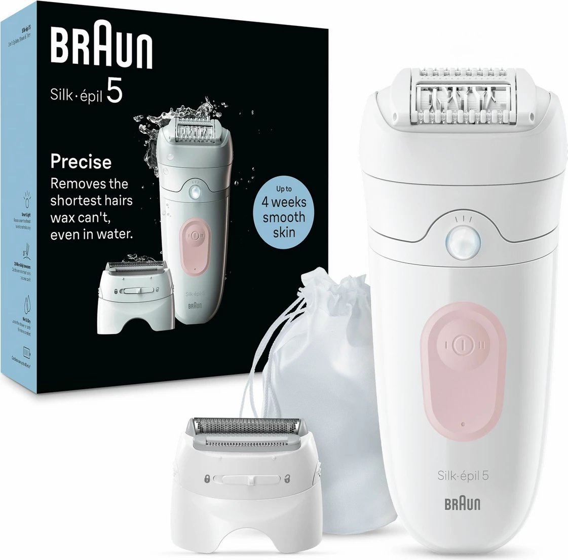 Epilator Braun Silk-épil 5-030 225045, Wet & Dry, i bardhë, me kokë rroje, kapak trimi dhe qese