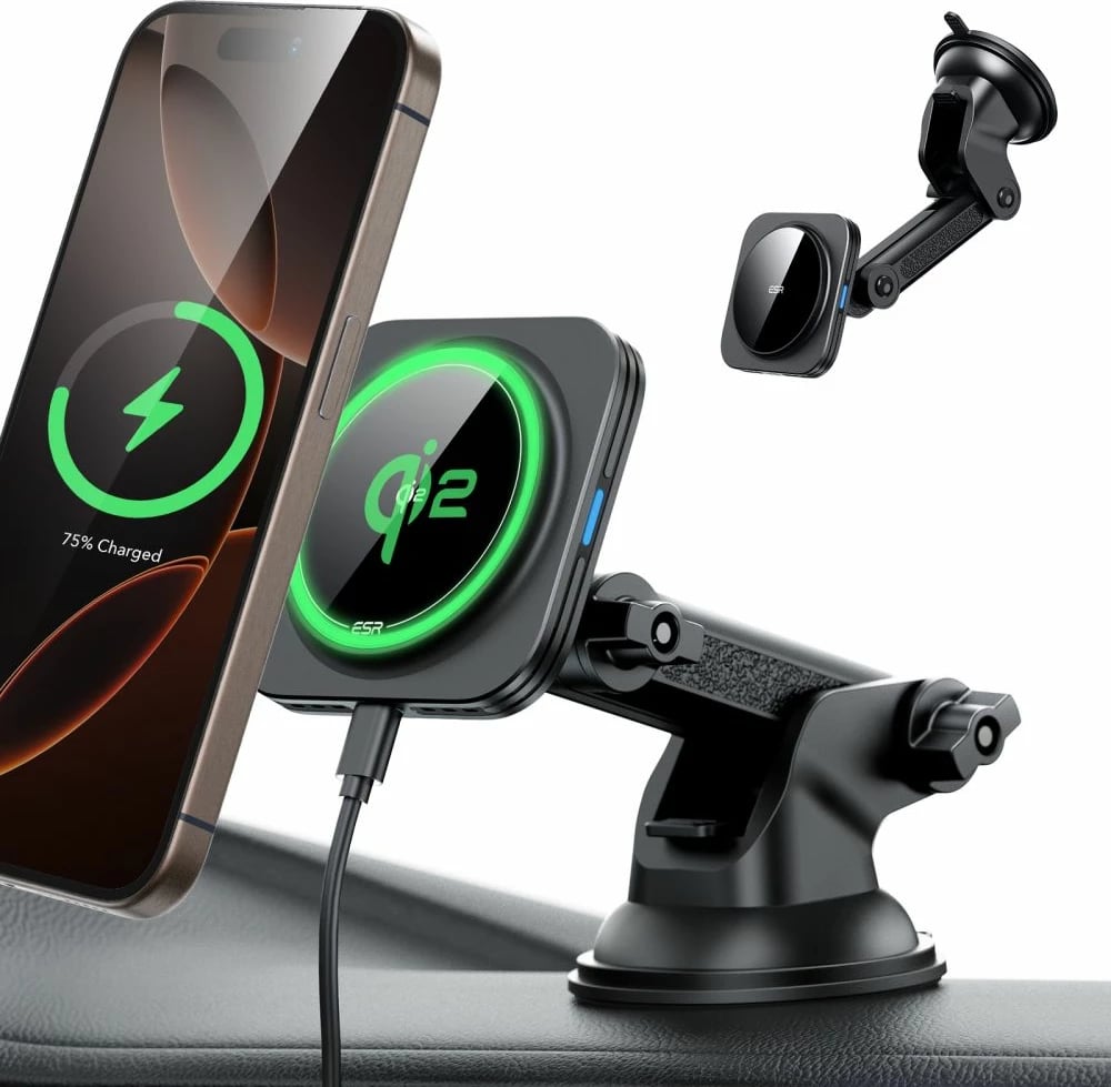 Mbajtës magnetik për veturë ESR HaloLock MagSafe Qi2 15W, i zi