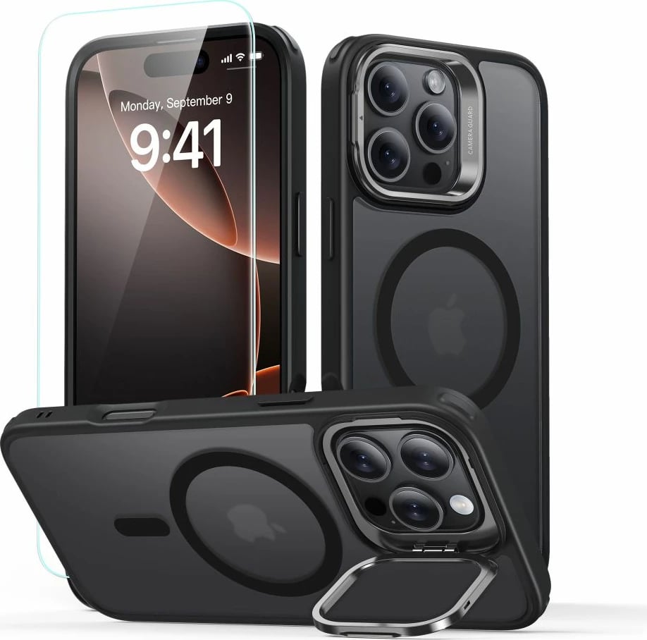 Mbështjellës ESR Classic Hybrid Kickstand HaloLock MagSafe për iPhone 16 Pro Max, me këmbalec dhe xham të temperuar, gjysmë-transparent me kornizë të zezë