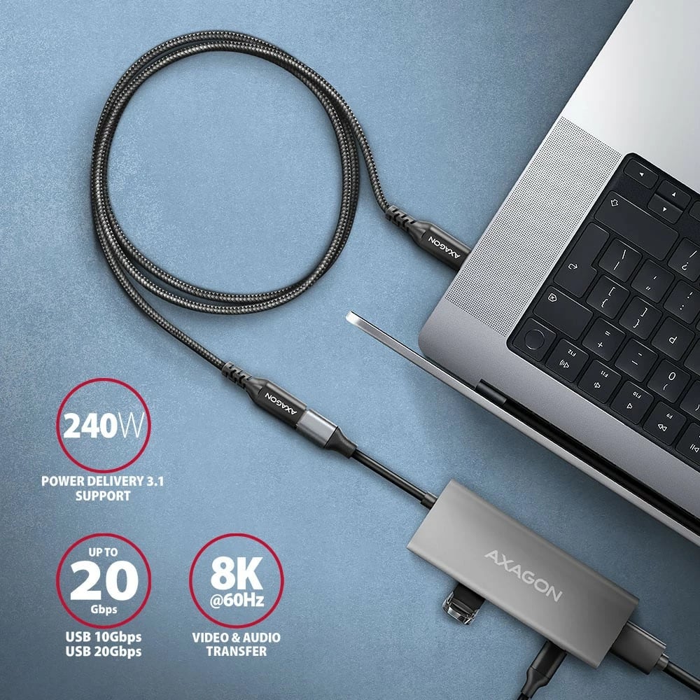 Kabllo zgjatues USB-C AXAGON BUCM32-CF15AB, 1.5m, 20Gbps, 240W, e zezë