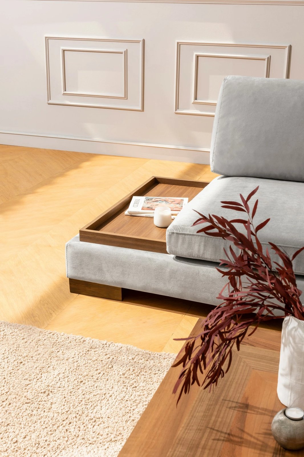 Këndare Atelier del Sofa Tulip, këndore e djathtë me pouf, ngjyrë gri e çelët