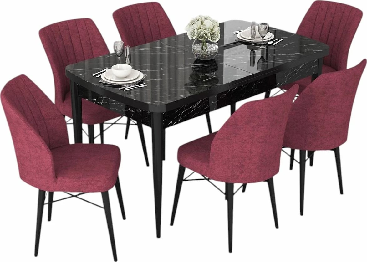 Set tavoline me karrige, e zgjatshme, 7 pjesë, Skye Decor, mermer i zi, burgundy
