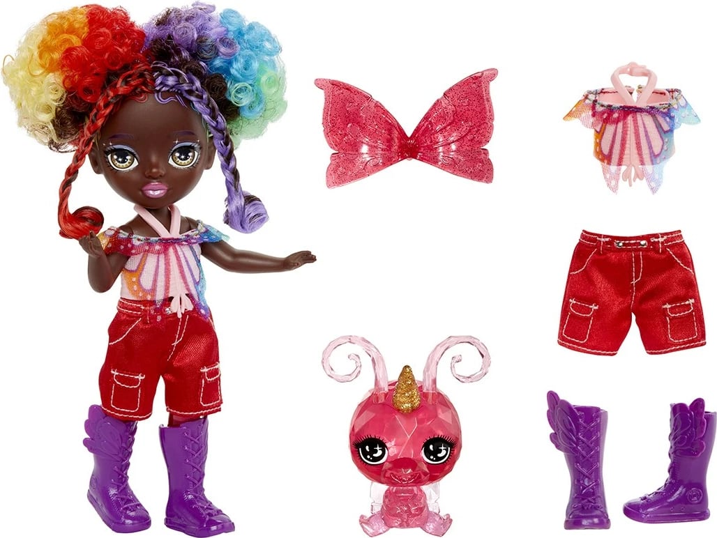 Kukull koleksionuese, Rainbow High, Little Rainbow Astrid 543398-EUC, 5.5 in, me krahë të ndërrueshëm dhe kafshë magjike, set