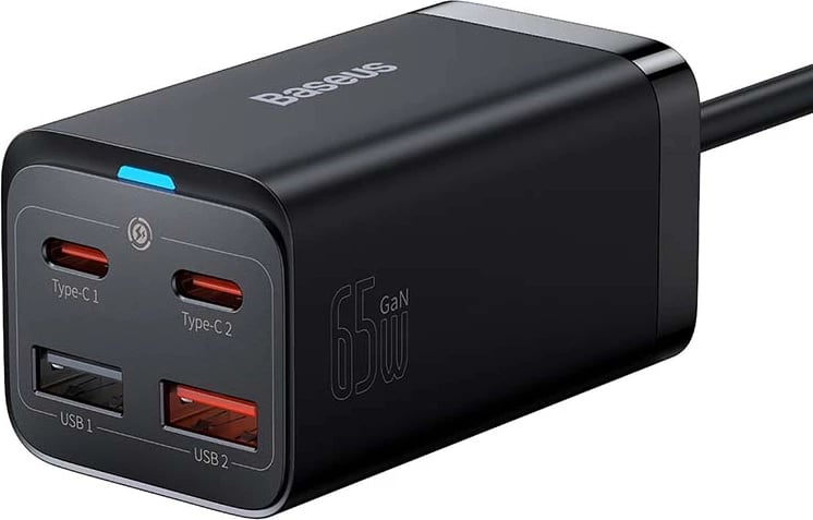 Karikues i shpejtë Baseus GaN3 Pro, 65W, 2x USB-C, 2x USB-A, i zi, me kabllo 1.5m