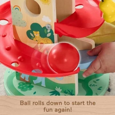Lodër druri Fisher Price Wooden Treehouse Ball Run, me top, shumëngjyrëshe, për fëmijë të vegjël