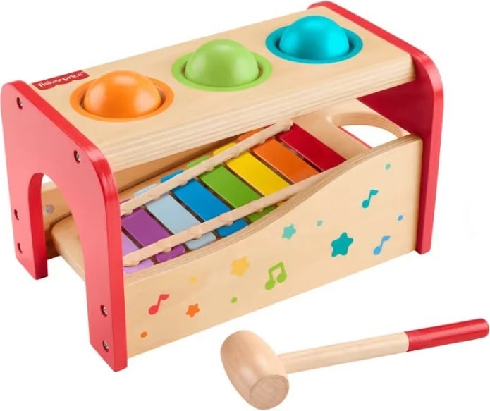 Lodër muzikore prej druri Fisher Price HXT88 me ksilofon dhe topa, shumëngjyrëshe