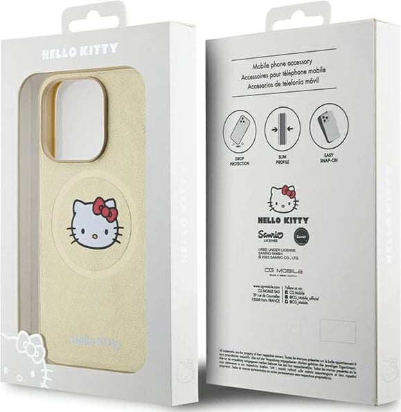 Mbështjellës Hello Kitty Leather Kitty Head MagSafe për iPhone 15 Pro Max, lëkurë artificiale, ari