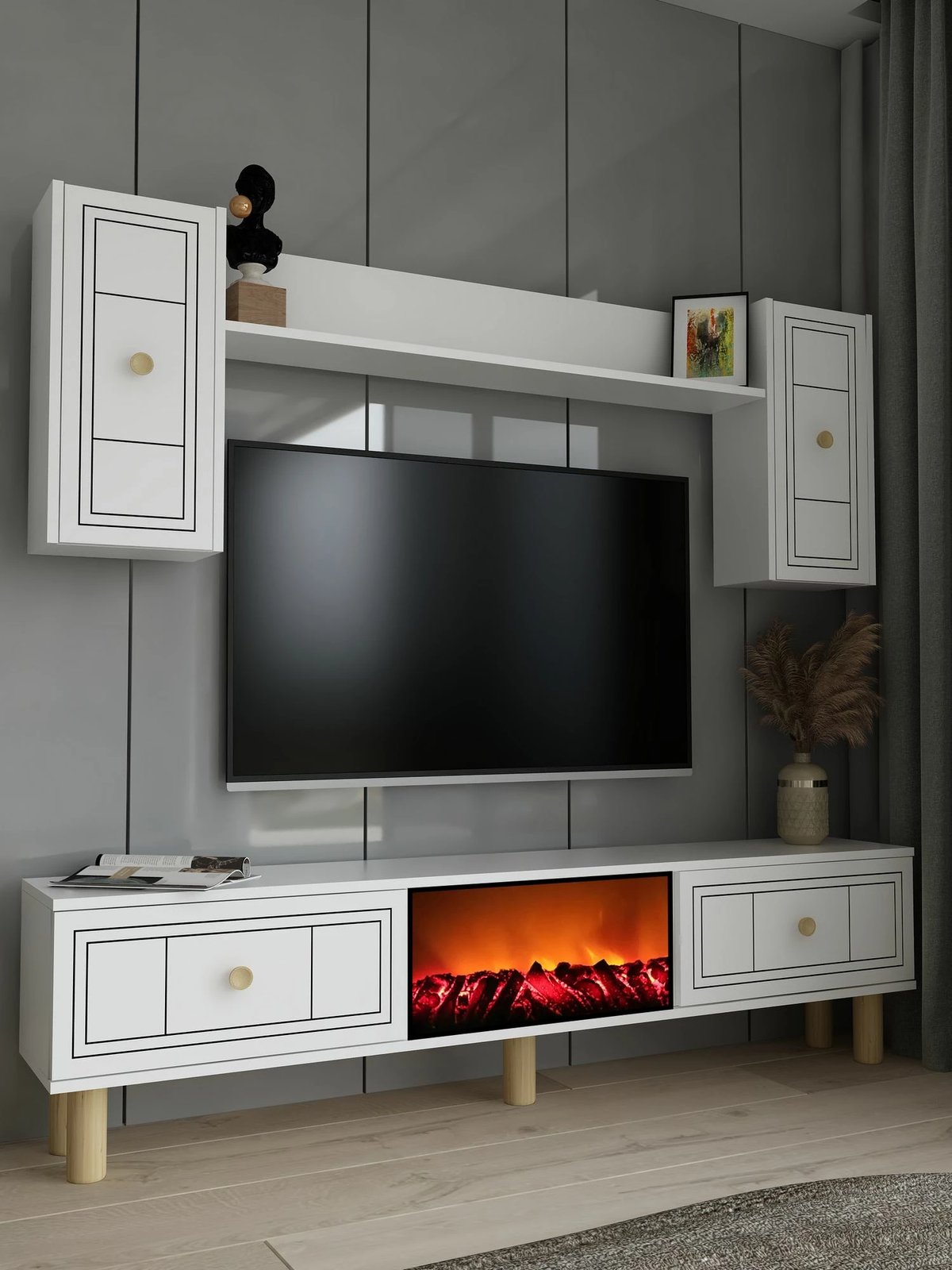 Komodë TV Skye Decor, Dario Bohem me oxhak dekorativ, e bardhë