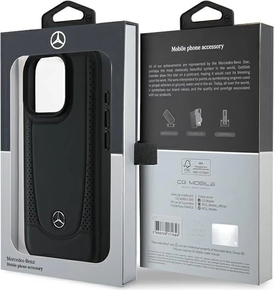 Mbështjellës Mercedes për iPhone 16 Pro Max, lëkurë, i zi
