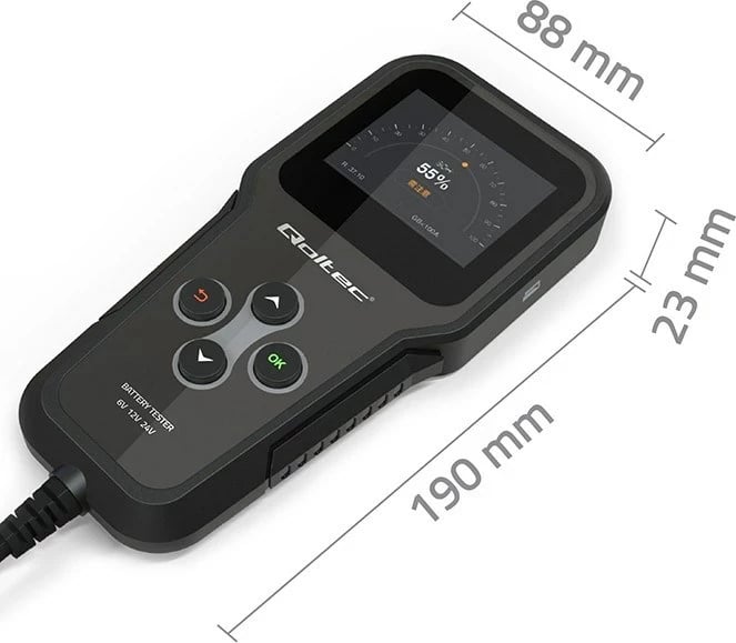 Analizues baterie Qoltec 52489, digjital, 3-në-1, LCD, 6V/12V/24V