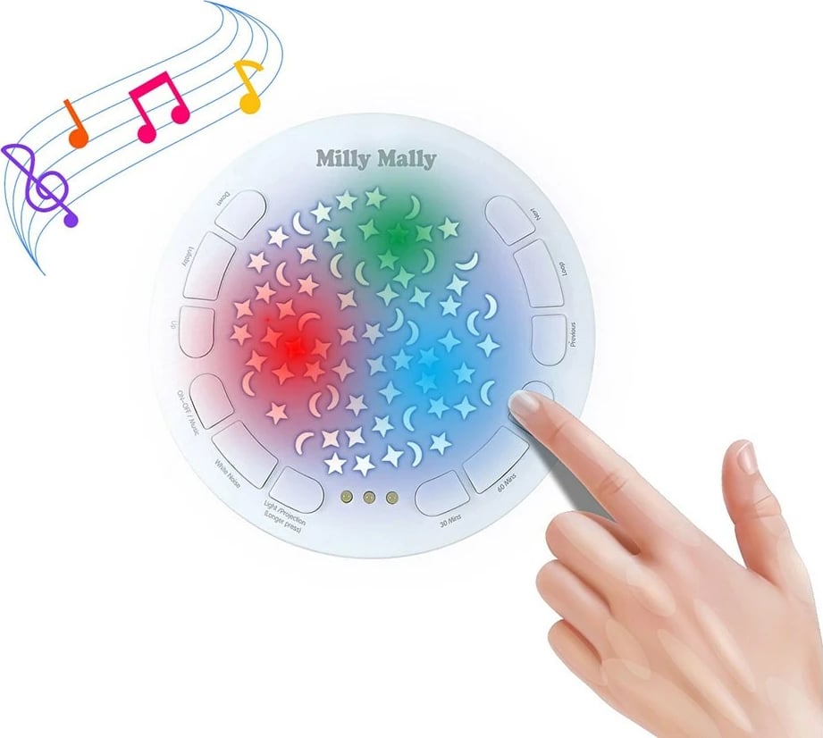 lodër pelushi me projektor, Milly Mally njëbrirësh, 10 ninulla, 5 zhurma të bardha, kohëmatës 30/60/90 min, 7 konfigurime drite, 3xAA, e verdhë