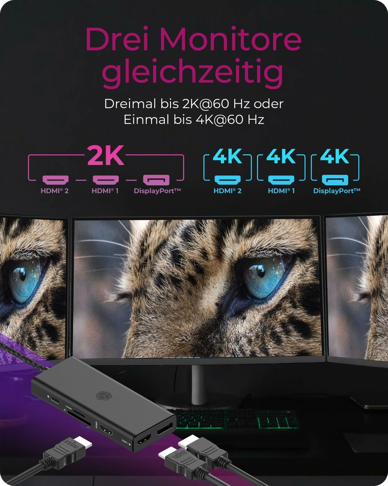 Docking station ICY BOX IB-DK4011-CPD, USB Type-C, HDMI, DisplayPort, MicroSD, e zezë