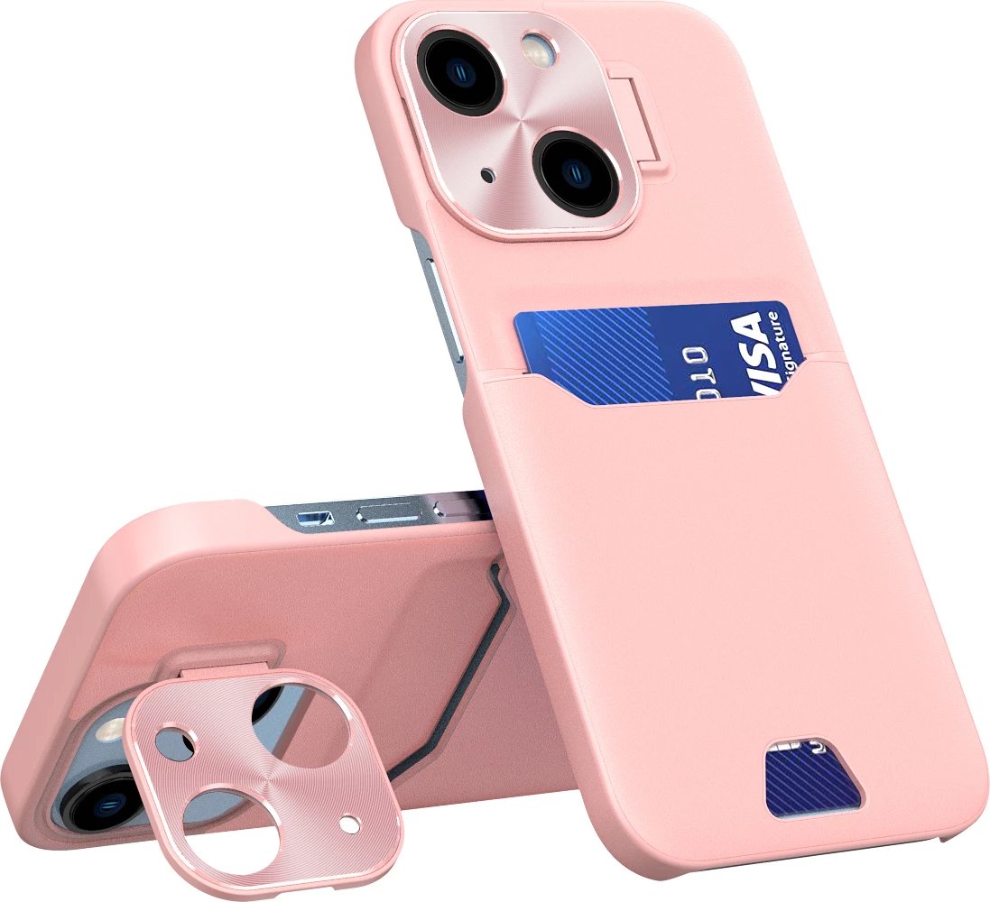 Mbështjellës Hurtel Leather Stand Case për iPhone 14 Plus, me xhep për kartela, rozë