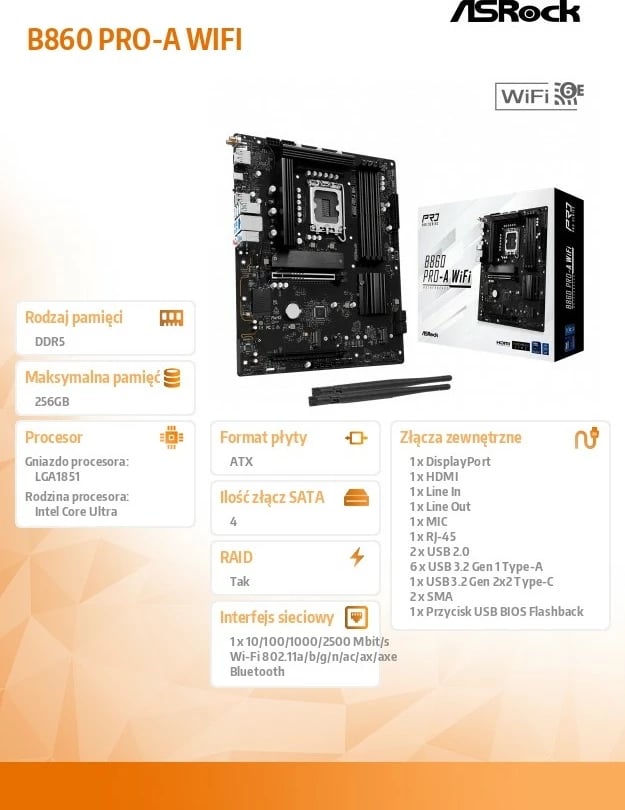 Pllakë amë ASRock B860 PRO-A WIFI, ATX, LGA1851, DDR5, WiFi 6E, e zezë
