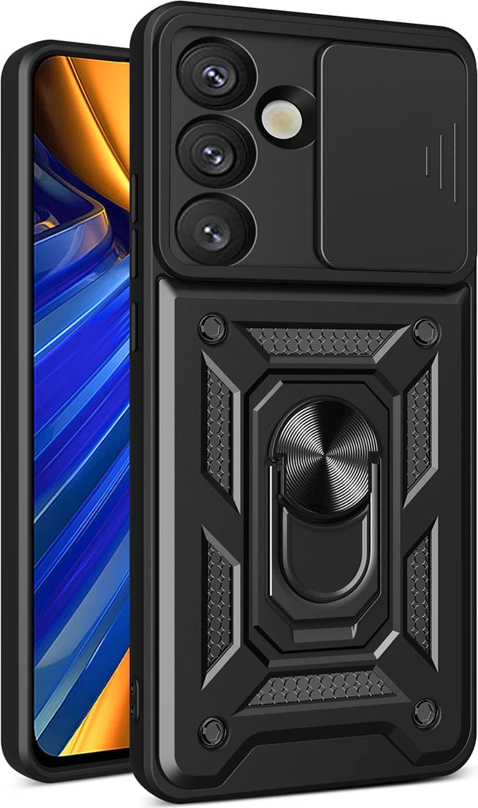 Mbështjellës Hurtel Hybrid Armor Camshield për Samsung Galaxy M16 5G / F16 5G, me stand dhe kapak kamere, i zi