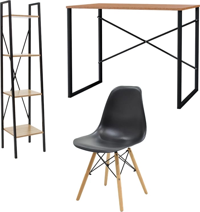 Set mobiljesh për studentë, tavolinë, karrige, raft, ngjyrë gri, e zezë, walnut, 3 copë