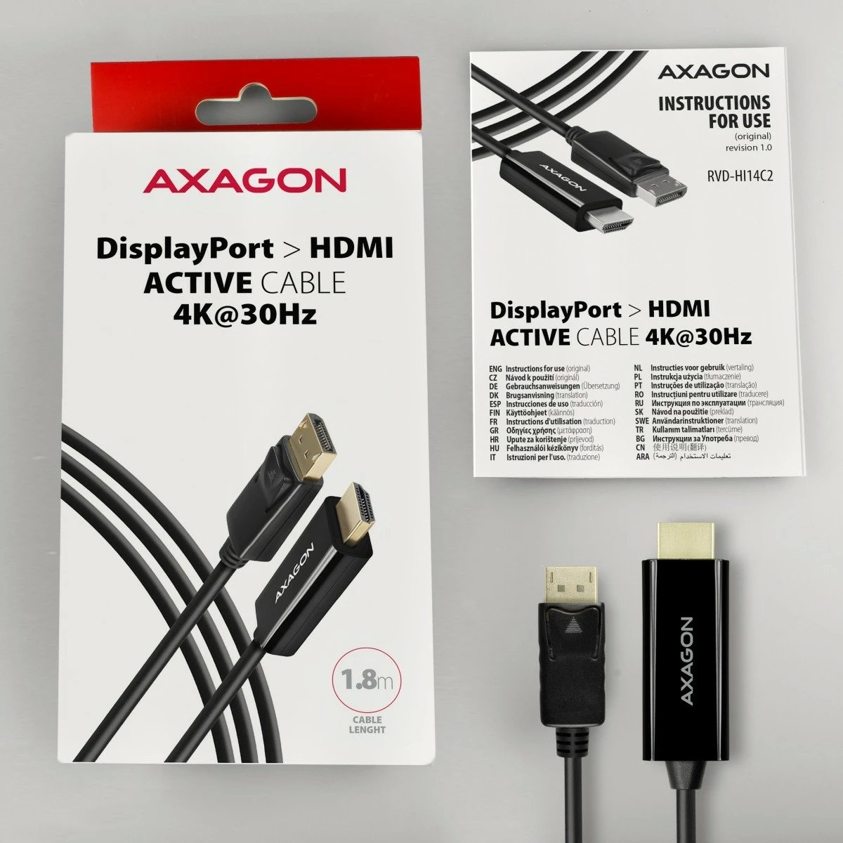 Kabllo/adaptues aktiv AXAGON RVD-HI14C2 DisplayPort në HDMI, 1.8m, e zezë