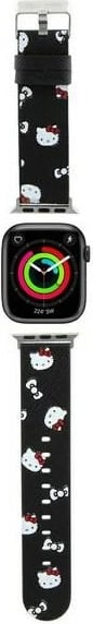 Rrip për Apple Watch Hello Kitty Heads & Bows Pattern, lëkurë ekologjike, i zi, 38/40/41mm