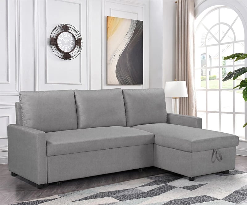 Divan qoshe me shtrat Infuse me hapësirë ruajtëse, pëlhurë gri, 203x130x88 cm