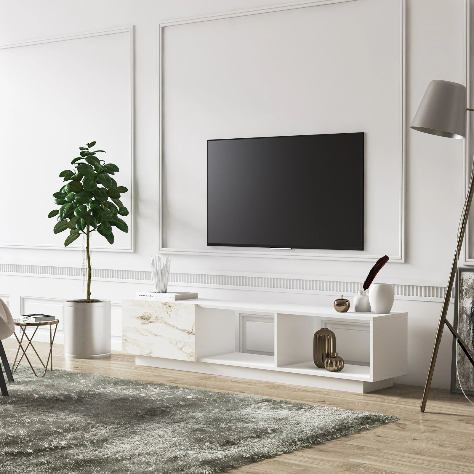 Komodë për TV, Skye Decor, ngjyrë e bardhë, detaje mermeri, Lepando