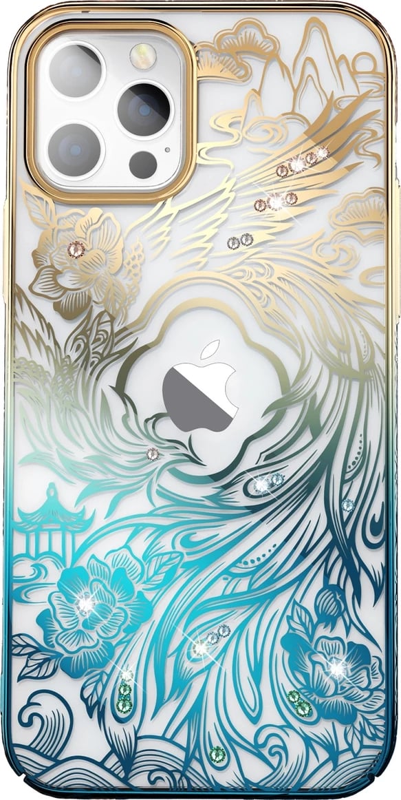 Mbështjellës Kingxbar Phoenix për iPhone 14 Pro, kristale, ari-blu