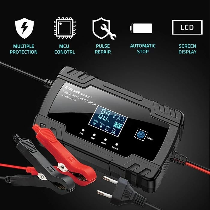 Karikues inteligjent për bateri Qoltec 52490, 12V 8A / 24V 4A, me funksion riparimi, LCD