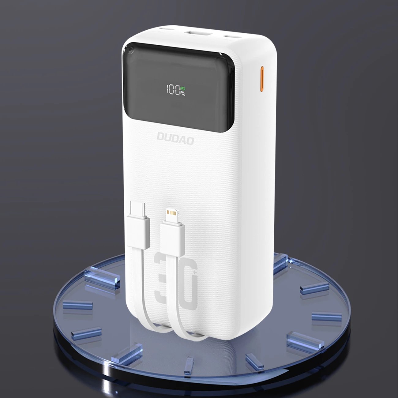 Powerbank Dudao K15MAX, 30000mAh, 22.5W, me kabllo të integruara, Bardhë