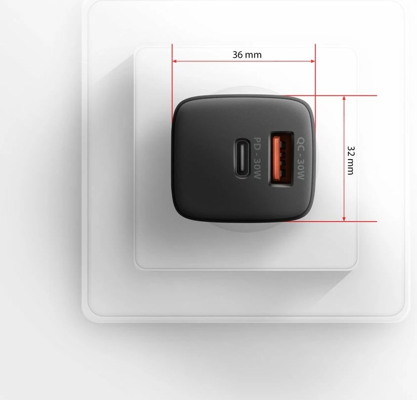 Mbushës muri AXAGON ACU-PQ30, 30W, 2 porta (USB-A QC3.0/4.0 + USB-C PD3.0), i zi