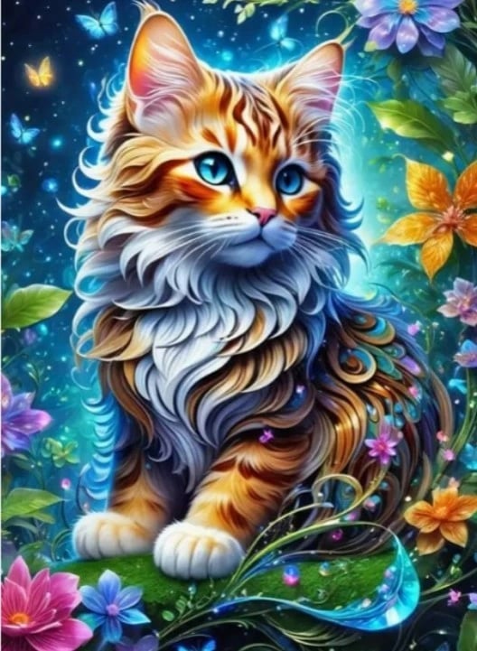 Mozaik diamanti Norimpex NO-2000926, Macja në Kopsht Magjik, 30x40cm, shumëngjyrësh, set