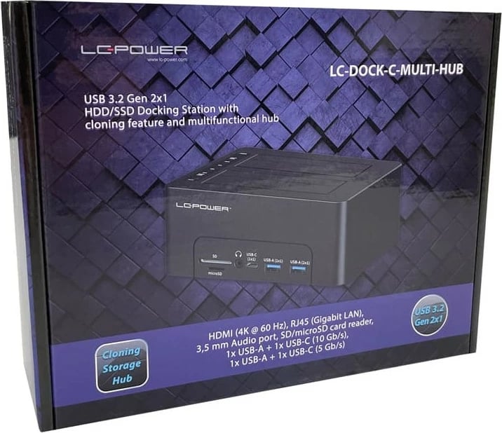 Docking station LC-Power LC-DOCK-C-MULTI-HUB, 2x SATA 2.5/3.5", USB 3.2 Gen 2, HDMI, SD/microSD, e zezë