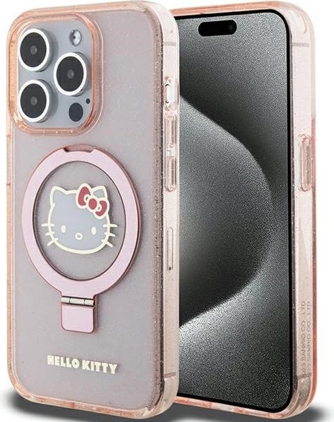 Mbështjellës Hello Kitty për iPhone 15 Pro, Ring Stand, MagSafe, Rozë