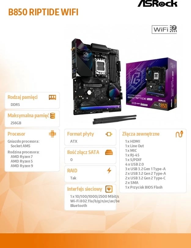 Pllakë amë ASRock B850 Phantom Gaming Riptide WiFi, Socket AM5, 4 DDR5, ATX, e zezë