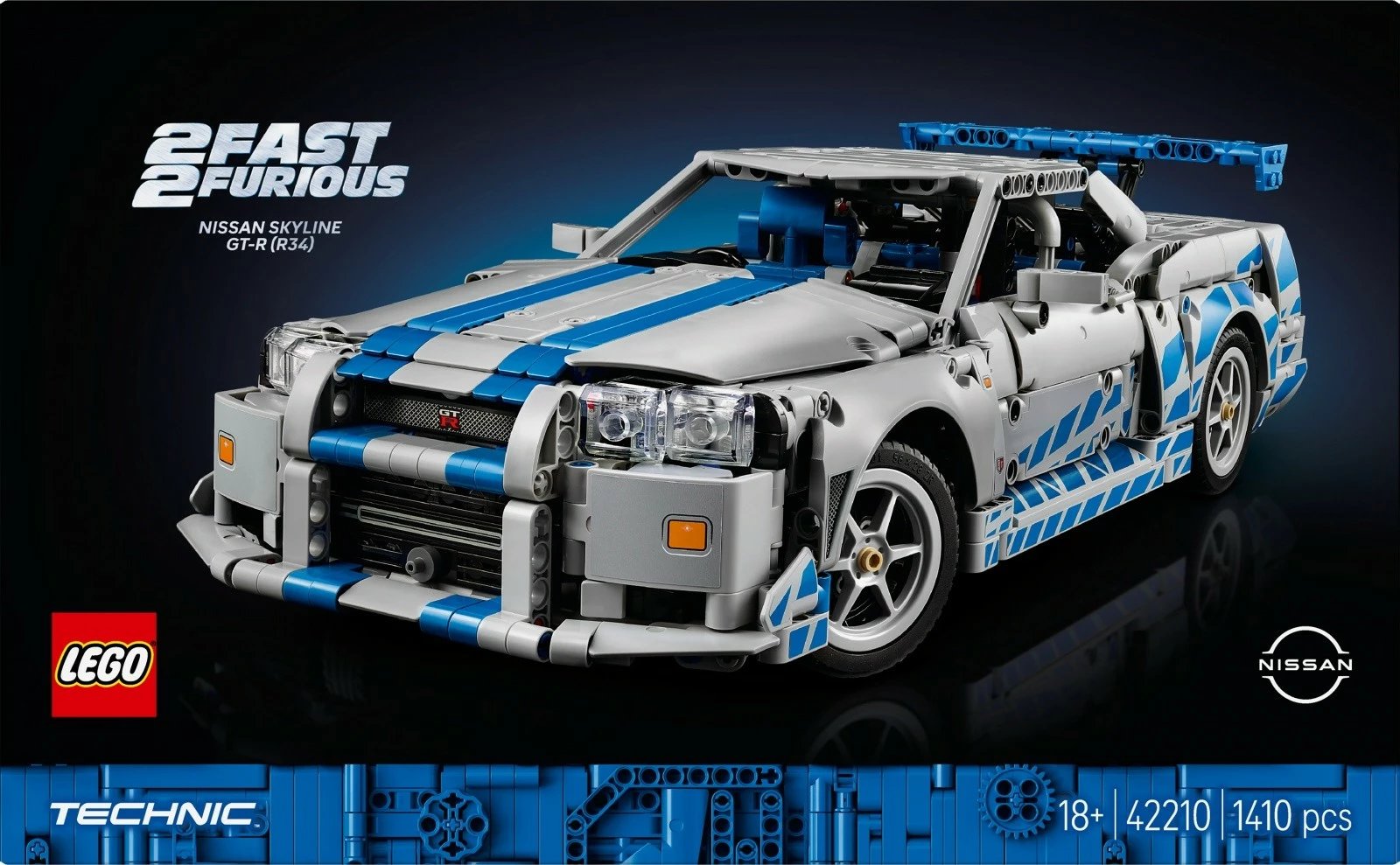 Set ndërtimi LEGO Technic Nissan Skyline GT-R R34 Fast & Furious, 1410 pjesë, Gri/Blu