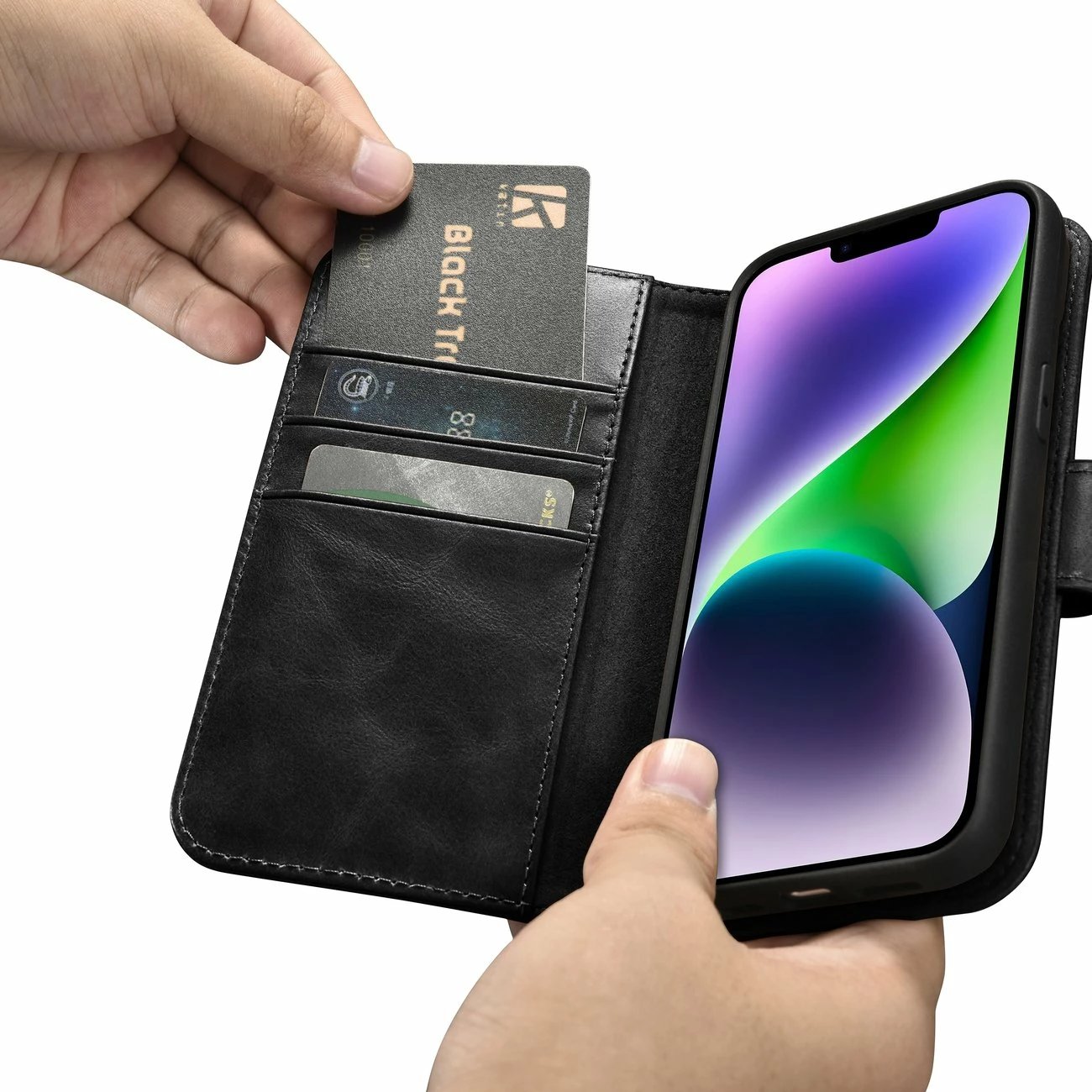 Mbështjellës iCarer Oil Wax Wallet Case 2in1 për iPhone 14, lëkurë natyrale, Anti-RFID, e zezë