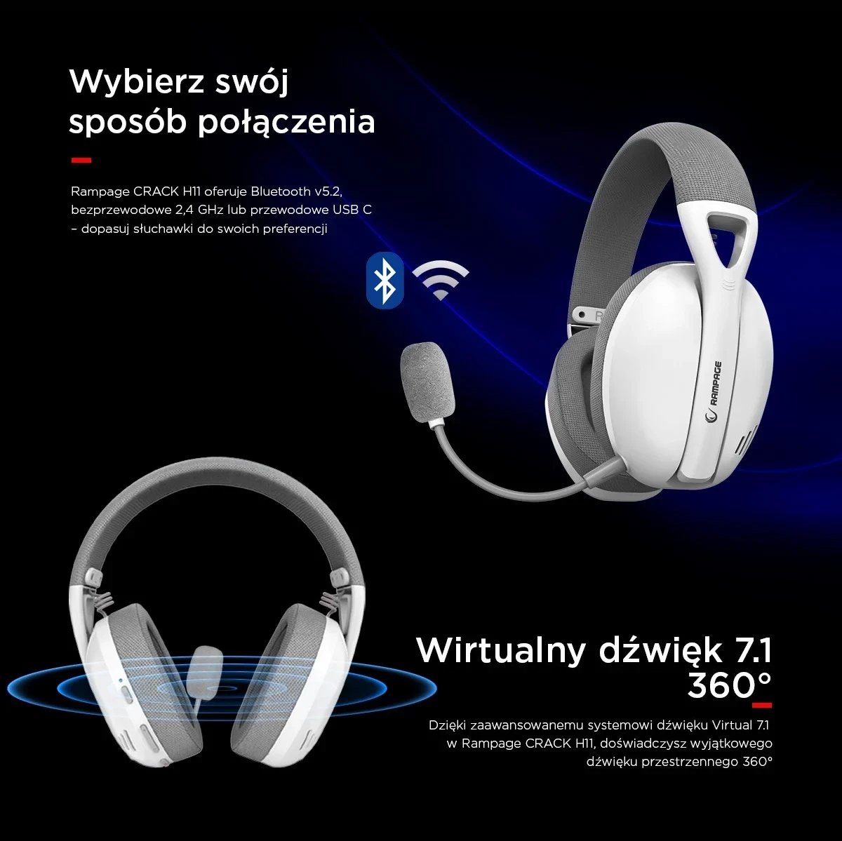 Kufje gaming Rampage CRACKH11, 7.1, wireless, të bardha