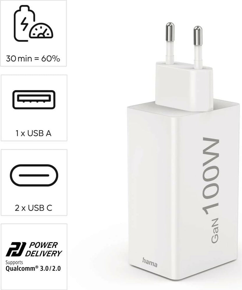 Karikues Hama mini 100W GaN PD/QC 2x USB-C, 1x USB-A bardhë