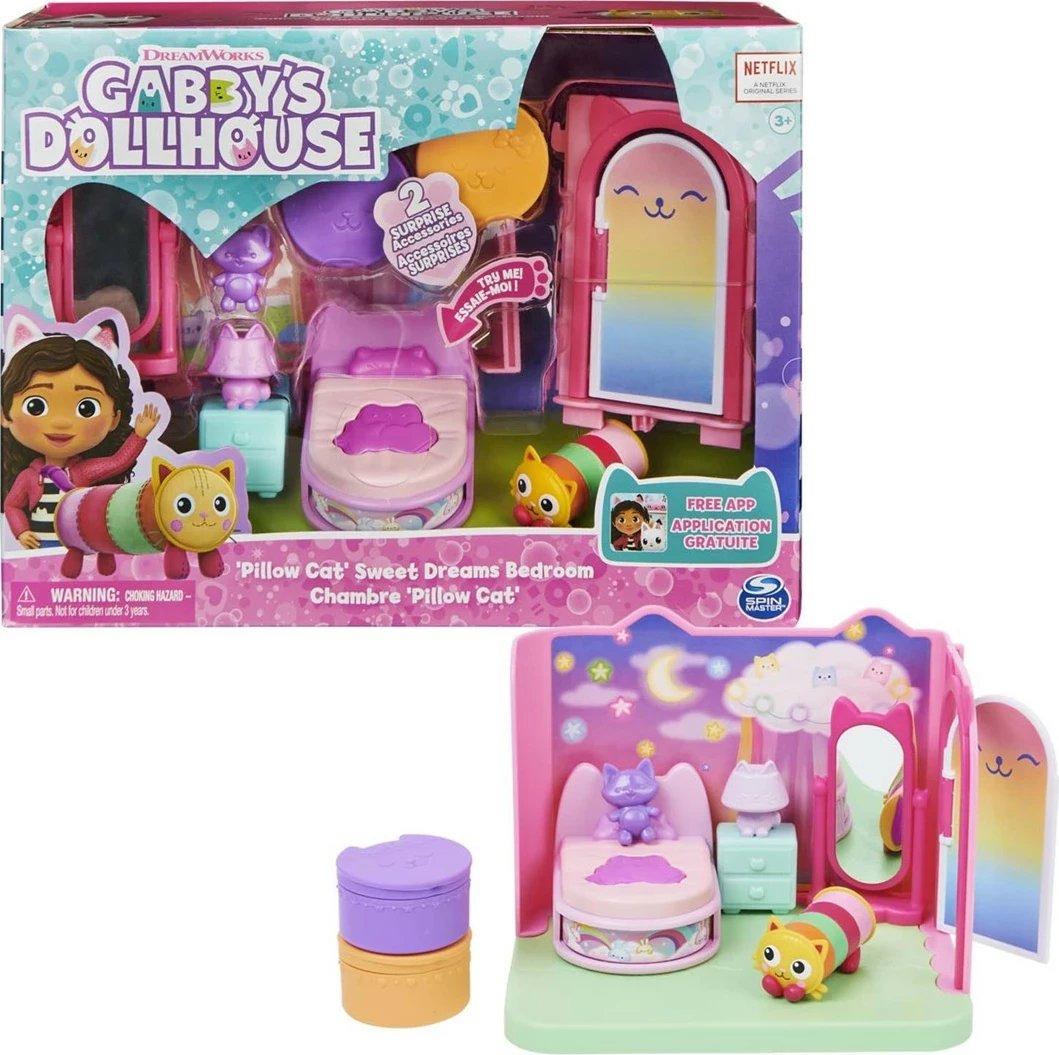 Set lodrash Gabby's Dollhouse Sweet Dreams Bedroom me figurë Pillow Cat dhe aksesorë, SPIN MASTER, shumëngjyrësh