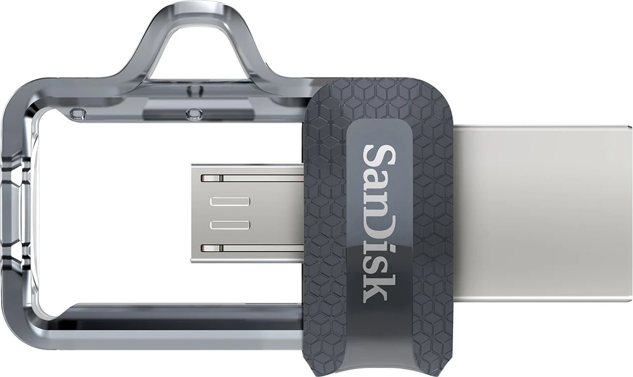 USB Flash SanDisk Ultra Dual m3.0, 64 GB, USB Type-A / Micro-USB 3.2 Gen 1 (3.1 Gen 1), E zezë, Argjendtë, Transparent