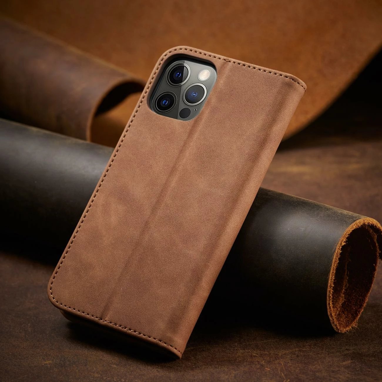 Mbështjellës Hurtel Magnet Fancy Case për iPhone 12 Pro Max, me portofol dhe mbajtëse, Kafe