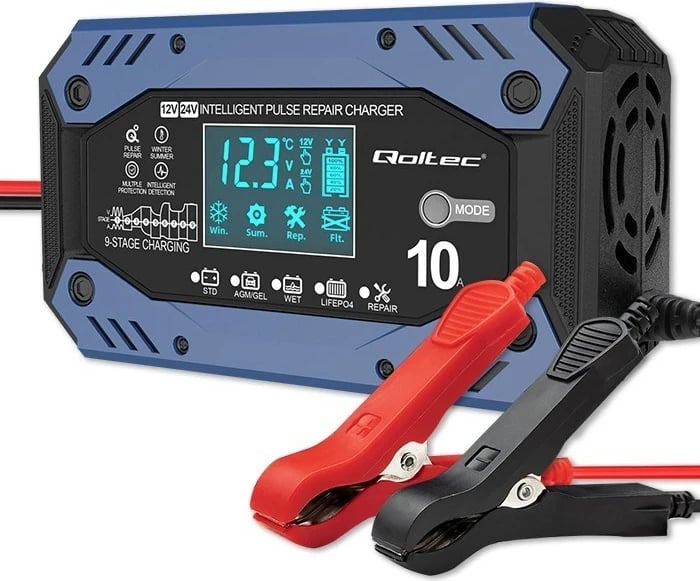 Karikues inteligjent Qoltec 52482, 12-24V, 10A, LCD, Blu